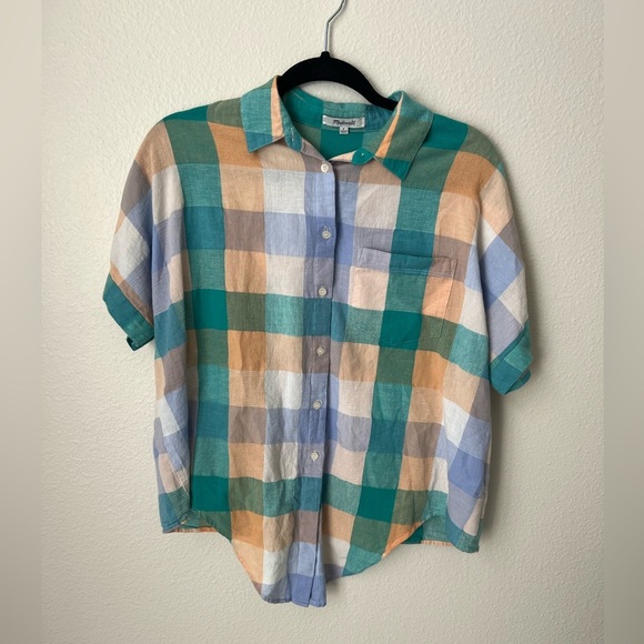 Madewell Gingham Short Sleeve Tie Front Cotton Linen Blend Top Size Small - Picture 2 of 5
